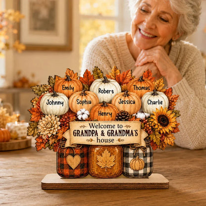 Personalized 2-Layer Wooden Plaque, Autumn Pumpkins & Mason Jars, Unique Gift for Grandparents