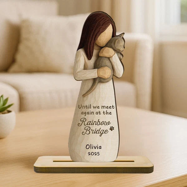 Personalized Until We Meet Again 2-Layer Wooden Plaque, Woman Holding Cat Memorial, Creative Sympathy Gift