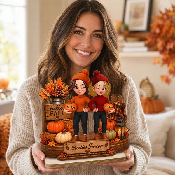 Personalized Wooden Plaque, Winking Besties Holding Pumpkins in a Cozy Fall Scene, Unique Gift for a Close Friend