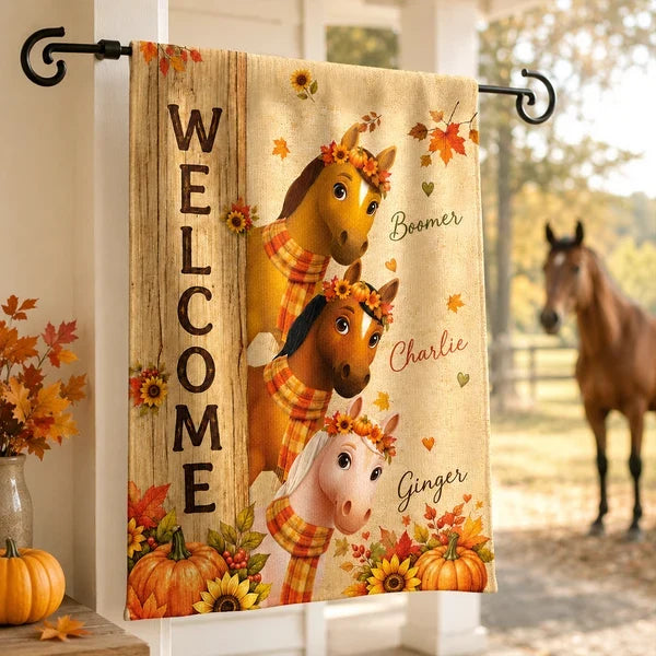 Personalized Garden Flag, Cute Horses Peeking by a Welcome Sign, Creative Fall Gift for Equestrians