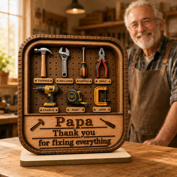 Personalized 2-Layer Wooden Plaque with Tool Box Design, Unique Gift for Papa Dad or Grandpa