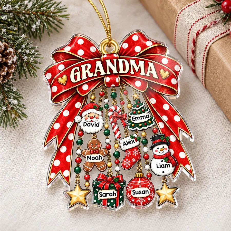 Personalized Acrylic Ornament with Red Bow and Festive Charms, Unique Christmas Gift for Grandma