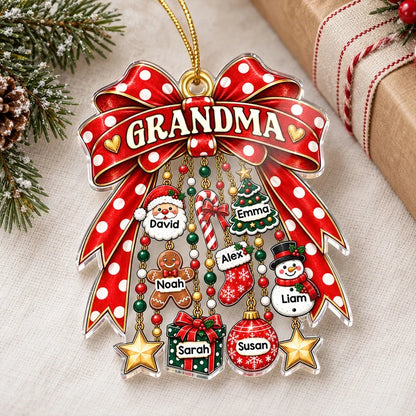 Personalized Acrylic Ornament with Red Bow and Festive Charms, Unique Christmas Gift for Grandma