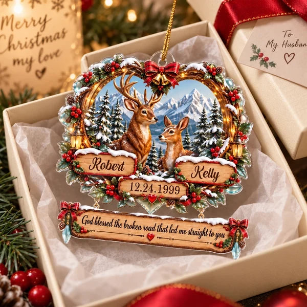 God Blessed the Broken Road Personalized Acrylic Ornament, Deer Couple in Snowy Forest, Creative Gift for Partner