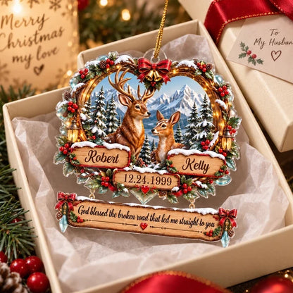 God Blessed the Broken Road Personalized Acrylic Ornament, Deer Couple in Snowy Forest, Creative Gift for Partner