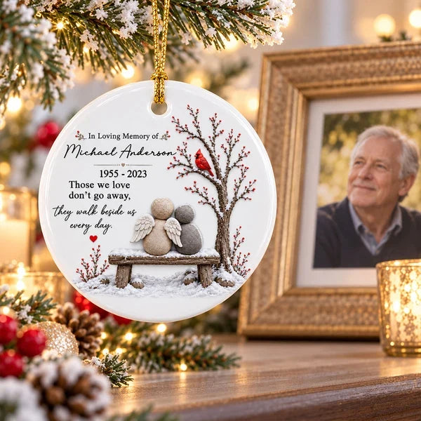 Personalized Ceramic Ornament with Angels on a Snowy Bench and Cardinal, Unique Memorial Gift for Family