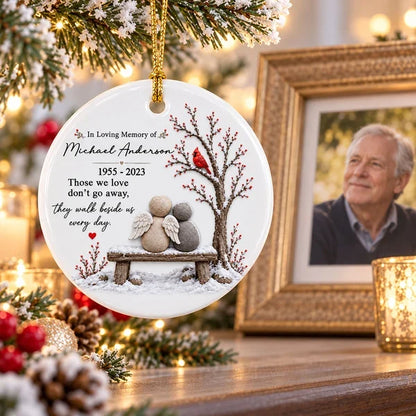 Personalized Ceramic Ornament with Angels on a Snowy Bench and Cardinal, Unique Memorial Gift for Family