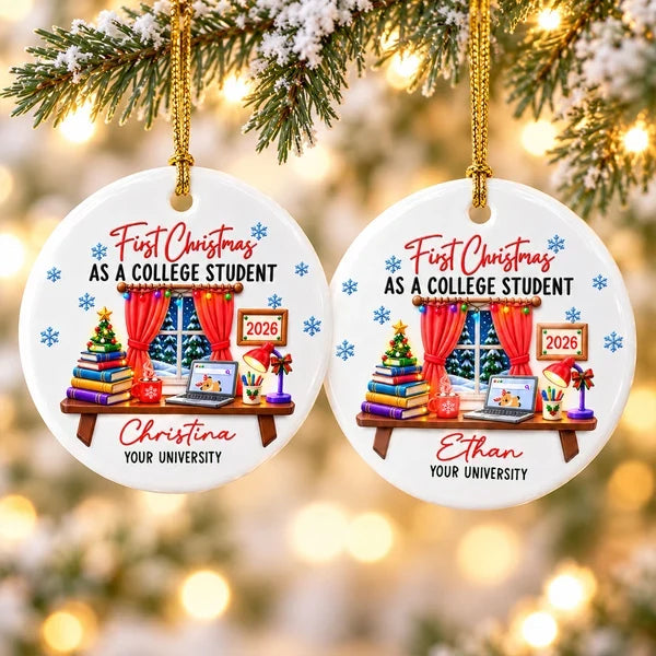 Personalized Ceramic Ornament, Colorful College Study Desk, Unique Christmas Gift for College Student