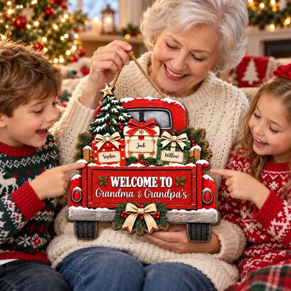 Personalized Wooden Sign with Snowy Red Christmas Truck, Unique Gift for Grandma & Grandpa