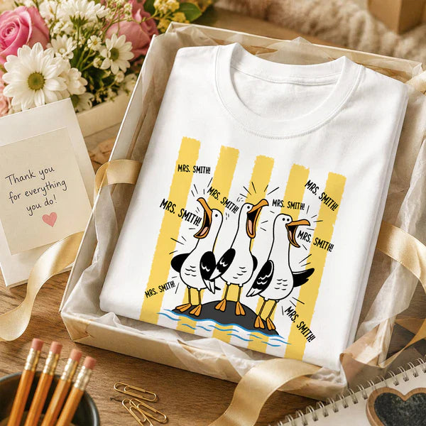 Personalized Classic Tee With Cartoon Seagulls Yelling, Unique Back To School Teacher Gift