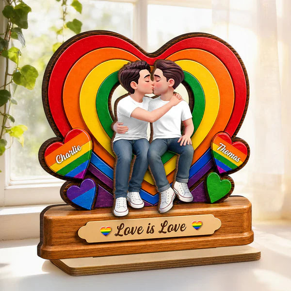 Personalized 2-Layer Wooden Plaque with Kissing LGBTQ Couple, Rainbow Heart, Unique Gift for Partner