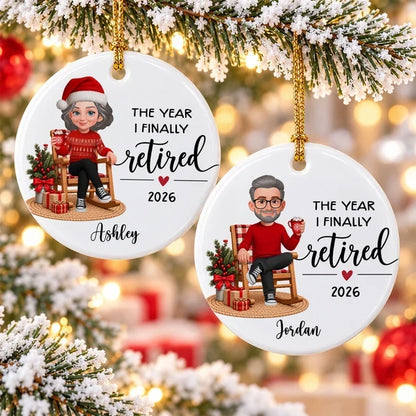 Personalized Ceramic Ornament, Retired Woman Holding a Mug in a Christmas Rocking Chair Scene, Unique Gift