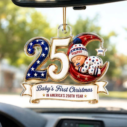 Personalized Acrylic Ornament, Sleeping Baby's First Christmas in Patriotic Colors, Unique Gift for New Parents