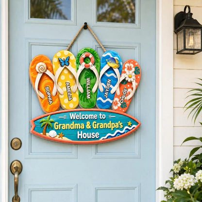 Wooden Sign with Sunny Flip Flops, Welcome to Grandma & Grandpa's House, Unique Creative Family Gift