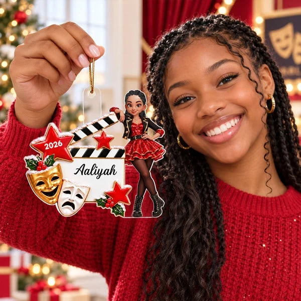 Personalized Acrylic Ornament, Theater Girl Leaning on Clapperboard, Unique Christmas Gift for Daughter