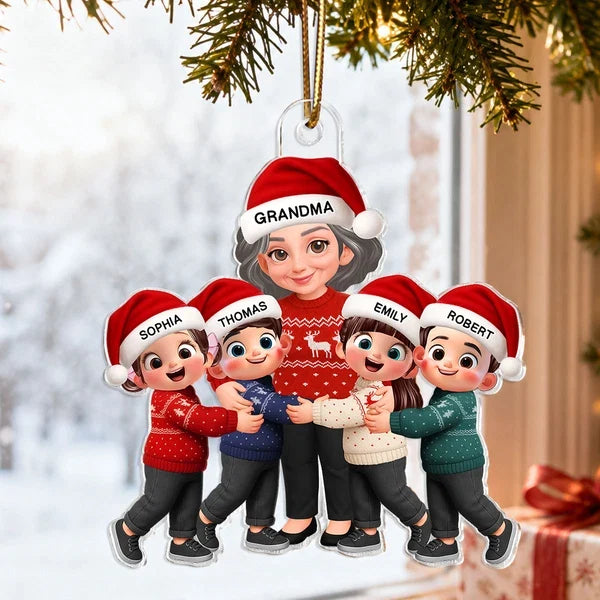 Personalized Acrylic Ornament, Cartoon Grandma Hugging Grandkids, Red Christmas Decor, Unique Gift for Grandma