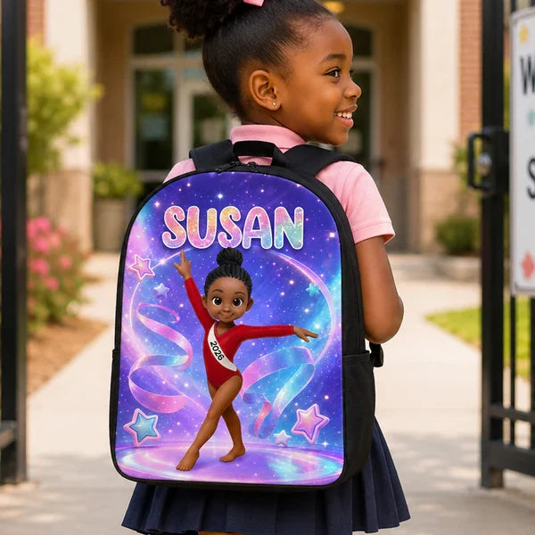 Kids School Backpack with Custom Gymnastics Art, Sparkly Purple Ribbons, Creative Gift for Granddaughter