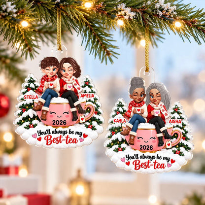 Personalized Acrylic Ornament, Friends Sharing Tea, Heartwarming Christmas Keepsake and Creative Gift for a Close Friend