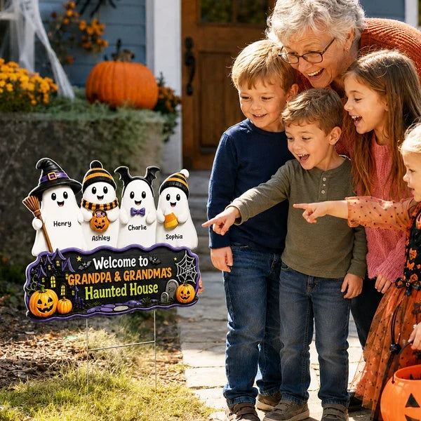 Personalized Shaped Yard Sign with Cute Ghost Family and Haunted House, Unique Gift for Grandparents