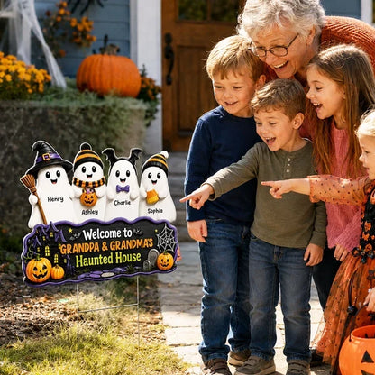 Personalized Shaped Yard Sign with Cute Ghost Family and Haunted House, Unique Gift for Grandparents
