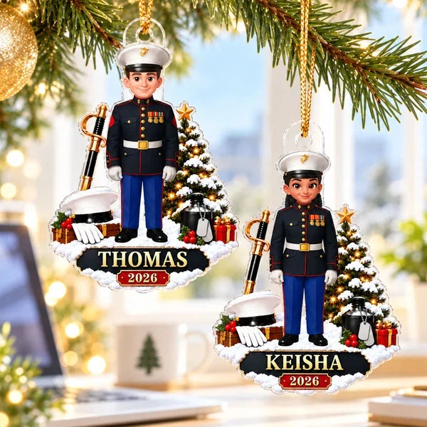 Personalized Acrylic Ornament, Marine in Dress Uniform Beside a Snowy Christmas Tree, Unique Gift for Service Members