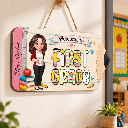 First Grade Wooden Sign With Standing Teacher Cartoon, Personalized Classroom Decor, Unique Teacher Gift