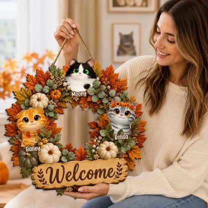 Welcome Home Personalized Wooden Sign, Cute Autumn Cat Wreath Decor, Creative Gift for Pet Owners