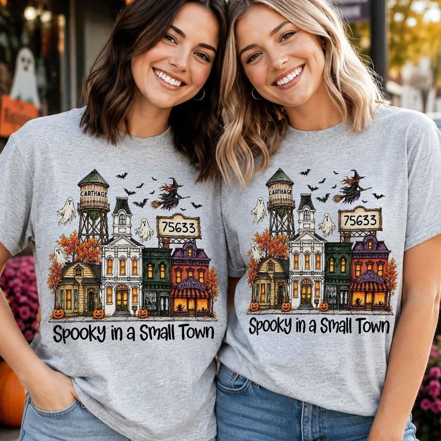 Personalized Classic Tee, Halloween Nostalgia with Flying Witch Over an Autumn Town, Creative Gift for Friends and Family