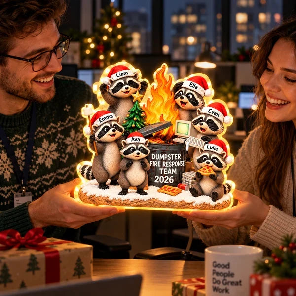 Personalized Acrylic Light Box, Funny Raccoons Around a Flaming Dumpster, Unique Christmas Gift for Coworkers