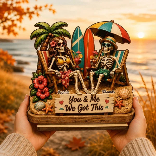 Personalized 2-Layer Wooden Plaque, Skeleton Couple Beach Scene, Unique Gift for Couples