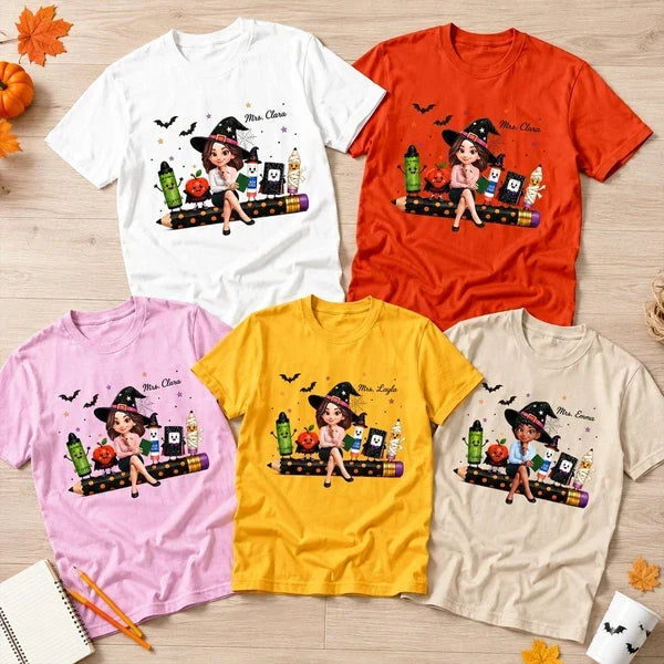 Personalized Halloween Teacher Classic Tee, Cute Classroom Characters, Creative Gift for a Teacher