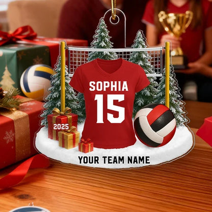 Personalized Acrylic Ornament, Red Volleyball Jersey in a Snowy Scene, Unique Christmas Gift for Players