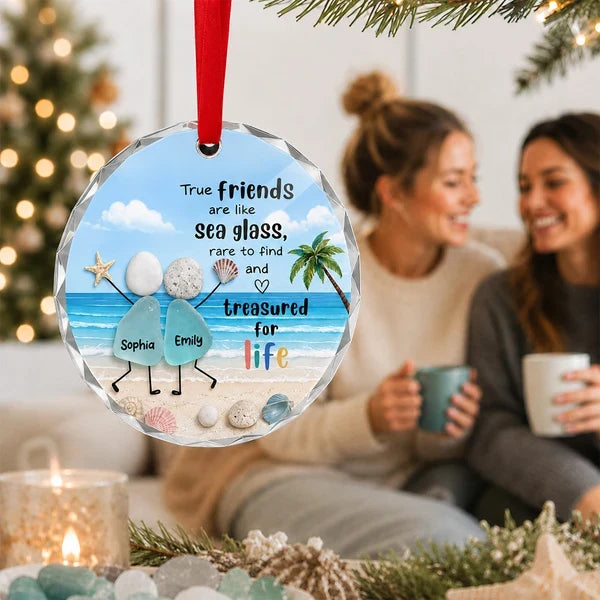 Crystal Ornament, Treasured for Life Sea Glass Friends on a Sunny Beach, Personalized Creative Gift for Bestie