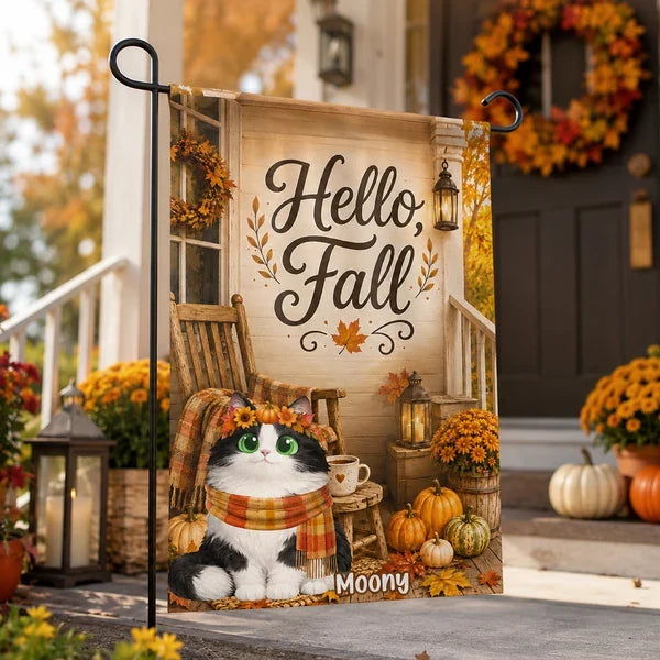 Hello Fall Garden Flag, Personalized Autumn Cat Porch Scene in Warm Orange Tones, Unique Gift for Pet Owners