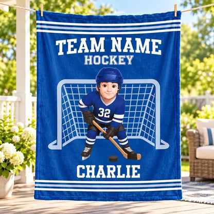 Personalized Fleece Blanket, Blue Hockey Player Goal Scene, Creative Keepsake Gift for Son or Grandson