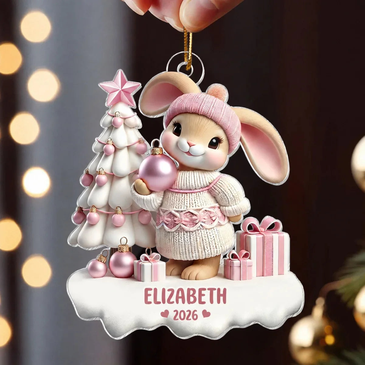 Personalized Acrylic Ornament, Pink Bunny Holding a Bauble by a Snowy Christmas Tree, Unique Gift for Kids