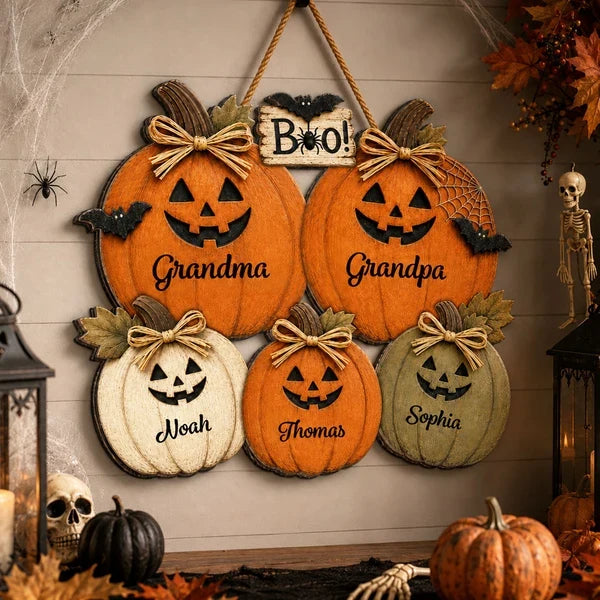 Personalized Wooden Sign with Grandma and Grandpa Pumpkins, Rustic Halloween Door Decor, Unique Gift for Grandparents