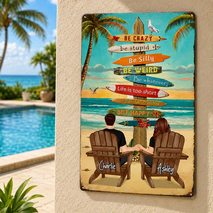 Personalized Rectangular Iron Sign With Holding Hands Beach Couple, Unique Gift for Summer Decor