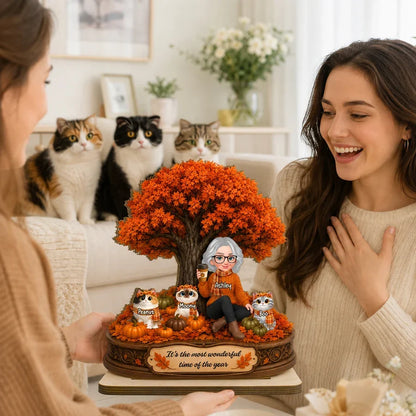 Personalized Wooden Plaque, Woman Sitting with Cats Under an Autumn Tree, Unique Gift for Cat Lovers