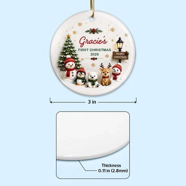 Personalized Ceramic Ornament, Cute Winter Friends Baby's First Christmas Keepsake, Unique Gift for New Parents