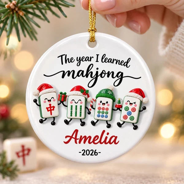 Personalized Ceramic Ornament, Bright Cartoon Mahjong Tiles Waving by a Christmas Tree, Unique Gift for Players