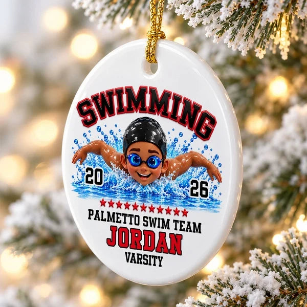 Personalized Swimming Ceramic Ornament, Colorful Swimmer in Action, Unique Christmas Gift for Son or Daughter