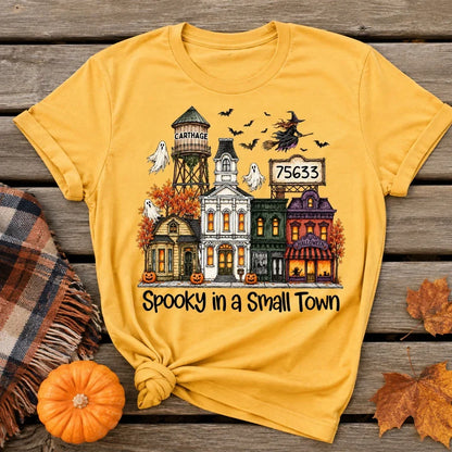 Personalized Classic Tee, Halloween Nostalgia with Flying Witch Over an Autumn Town, Creative Gift for Friends and Family