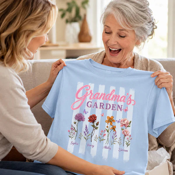 Personalized Grandma's Garden Classic Tee, Floral Stripe Unique Gift for Grandma