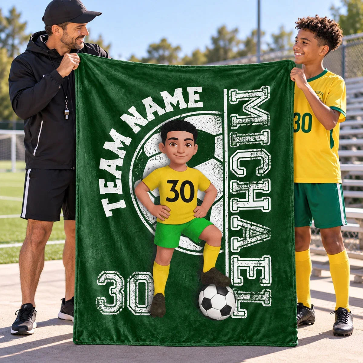 Personalized Fleece Blanket, Soccer Player Posing with Ball, Unique Navy Gift for Son or Grandkid
