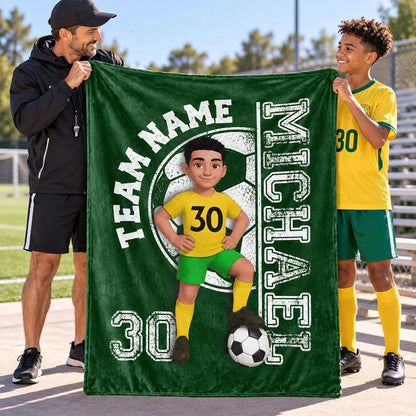 Personalized Fleece Blanket, Soccer Player Posing with Ball, Unique Navy Gift for Son or Grandkid