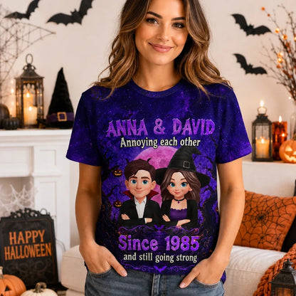 Personalized Printed Classic Tee, Halloween Couple with Arms Crossed Under a Full Moon, Unique Gift