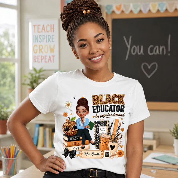 Personalized Black Educator Classic Tee, Cute Teacher Illustration, Unique Back to School Gift