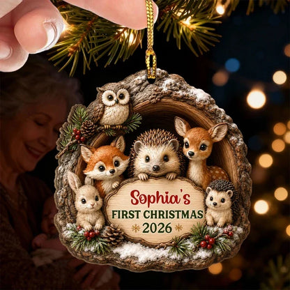 Personalized Wooden Ornament, Woodland Animals in a Snowy Pine Scene, Unique First Christmas Gift for Baby