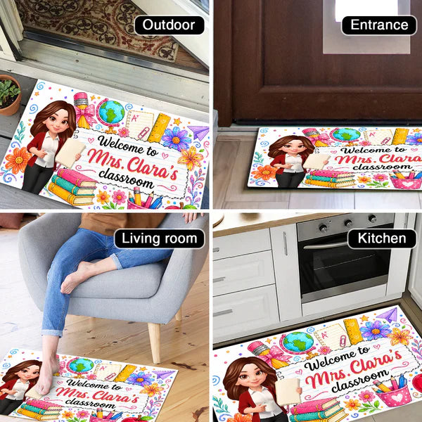Personalized Standard Doormat for Teacher's Classroom, Watercolor Floral Welcome, Creative Gift for Teachers